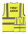 High-visibility yellow First Aider Hi-Vis Vest with reflective strips and bold 'FIRST AIDER' text, designed to ensure quick identification in emergencies. This vest is ideal for workplaces, outdoor environments, or events, offering both safety and visibility for first aid responders.
