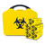 A yellow carry case with a yellow biohazard symbol, containing  5 yellow boxes for storing clean-up materials. The case has a sturdy handle for easy transport.