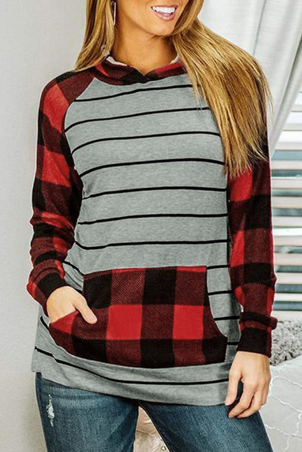 Black Stripe Red Plaid Long Sleeve Kangaroo Pocket Hoodie