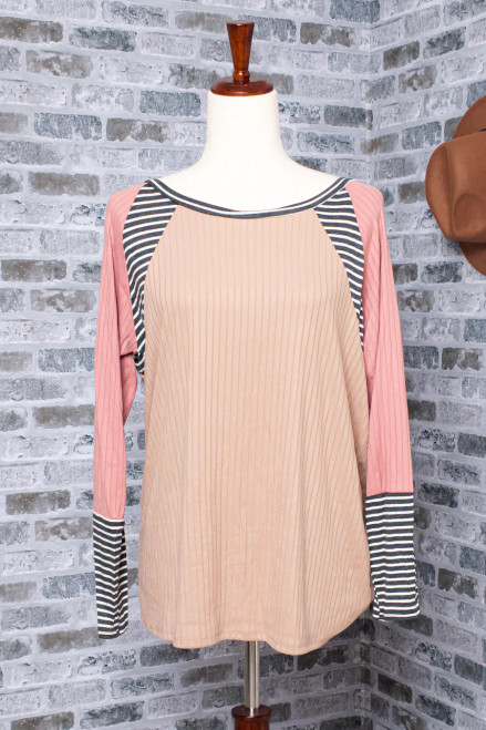 TAUPE MAUVE & CHARCOAL RIB RAGLAN STRIPE COLOR BLOCK TOP