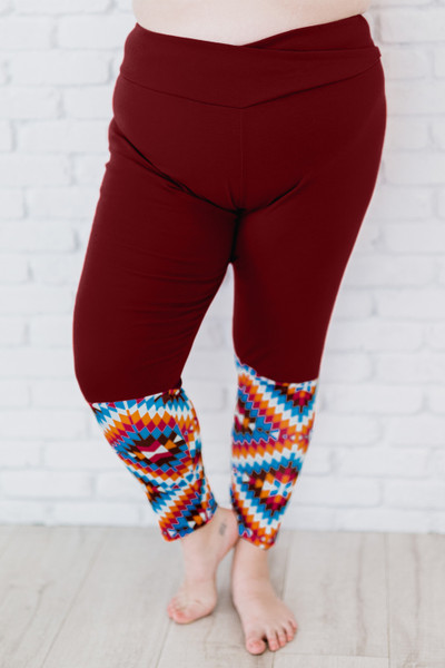 Red Aztec Splicing High Waist Plus Size Pants