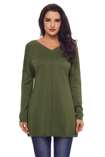 Green Solid Color V Neck Loose Women Sweater