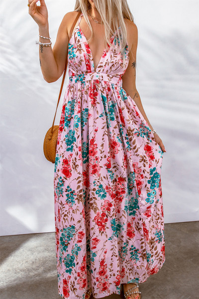 Pink Printed Pleated V Neck Crossed Strappy Back Dress