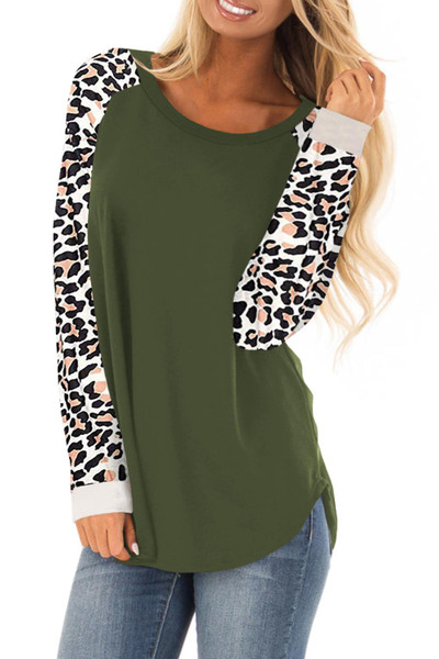 Green Leopard Print Long Sleeve Pullover Top