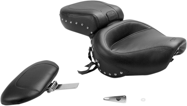 Mustang Seat - Wide Touring - With Driver Backrest - One-Piece - Chrome Studded - Black W/Conchos 79237
