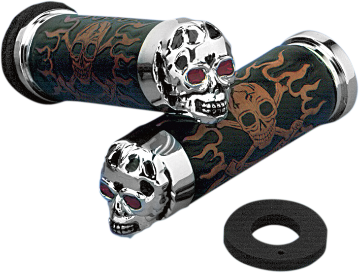 Drag Specialties Grips - Skull Grips - Red Eyes - Chrome