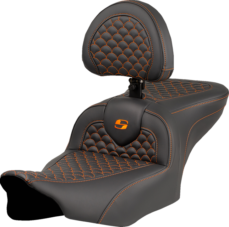 Saddlemen Roadsofa Seat - Dragon Scale Stitch - Orange Stitch - W/ Backrest - Fltr/Flhx '23-'24 823-07-208B3