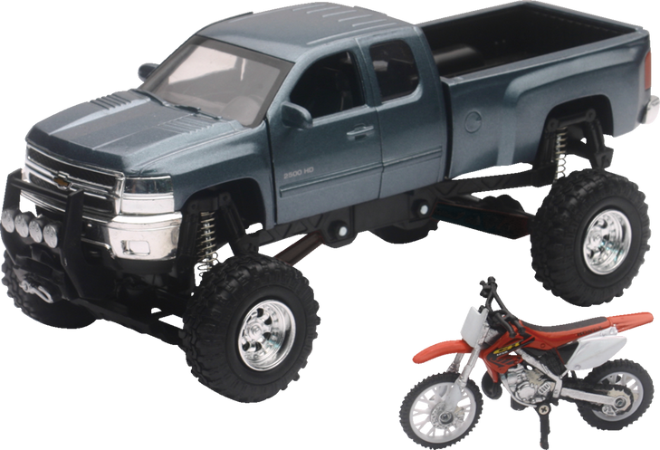 Chevrolet Silverado Offroad Pick Up W/ Honda Dirt Bike - 1:32 Scale - Gray/Black/Red Ss-54426