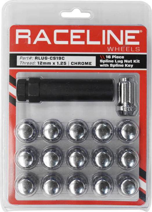 Raceline Wheels Lug Nuts - Spline Socket - 12 Mm X 1.25" - With Spline Key - Chrome - 16 Pack Rlug-Cs19C