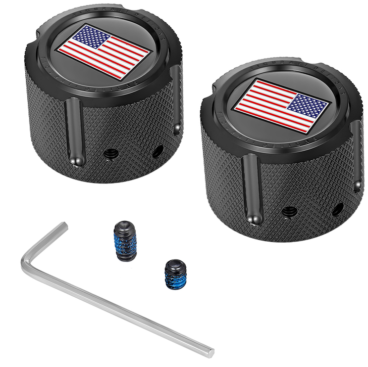 Figurati Designs Axle Nut Cover - Front - Stainless Steel - Red/White/Blue Flag - Reversed - Black Fd21R-Fac-Bk