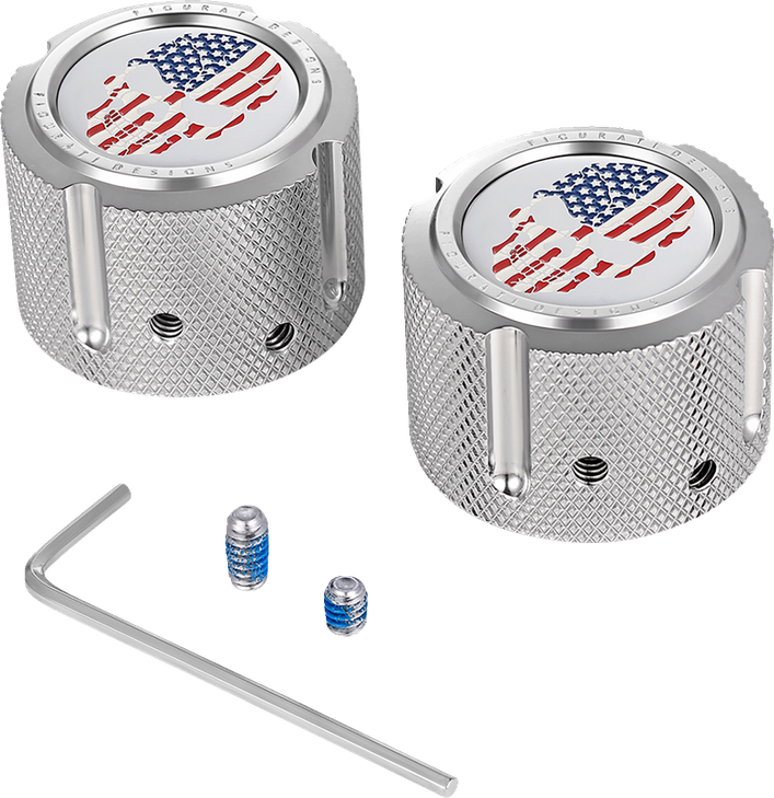 Figurati Designs Axle Nut Cover - Front - Stainless Steel - Red/White/Blue Flag Skull - Silver Fd24-Fac-Ss
