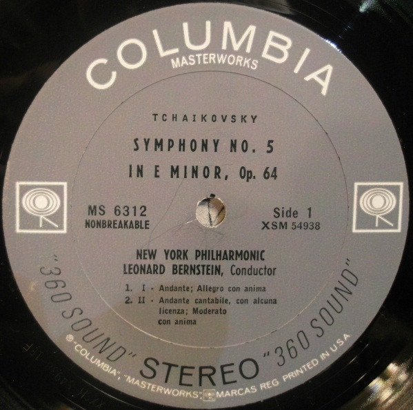 米LP Leonard Bernstein, New York Philharmonic Orchestra Tchaikovsky Symphony No. 5 In E Minor MS6312 	COLUMBIA MASTERWORKS /00260 Leonard Bernstein, The New York Philharmonic*, Tchaikovsky