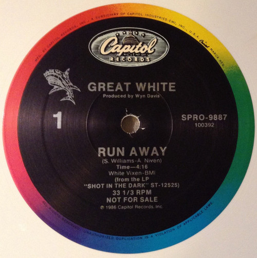 Great White - Run Away (12", Promo, Whi)