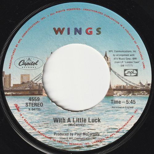 Wings (2) - With A Little Luck (7", Single, Win)