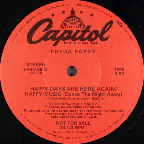Freda Payne - Happy Days Are Here Again / Happy Music (Dance The Night Away) (12", Single, Promo)