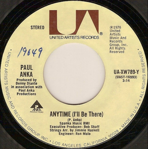 Paul Anka - Anytime (I'll Be There) / Something About You - United Artists Records - UA-XW789-Y - 7", Single 1000908023