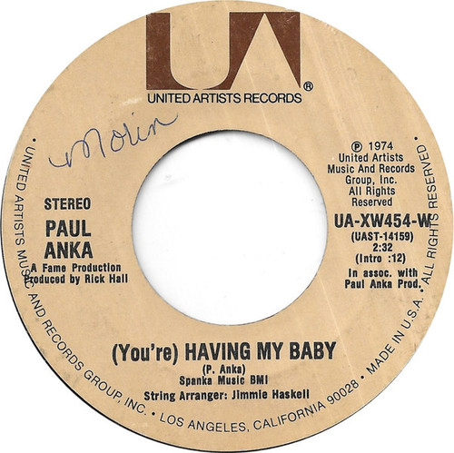 Paul Anka - (You're) Having My Baby - United Artists Records - UA-XW454-W - 7" 1041138234