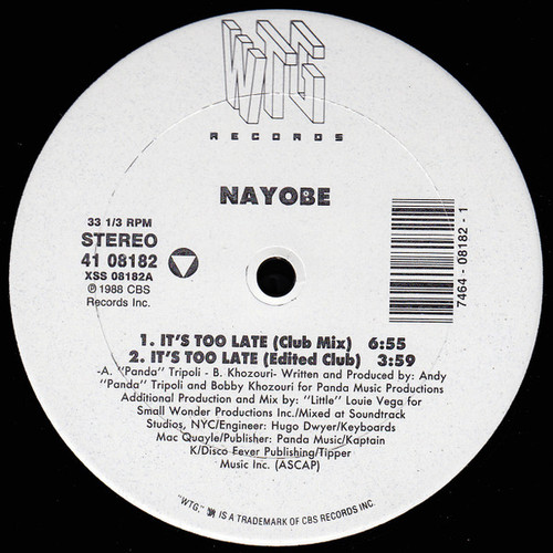 Nayobe - It's Too Late - WTG Records - 41 08182 - 12" 1046201647