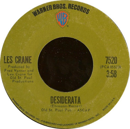 Les Crane - Desiderata / A Different Drummer - Warner Bros. Records - 7520 - 7", Styrene, Pit 1072192787