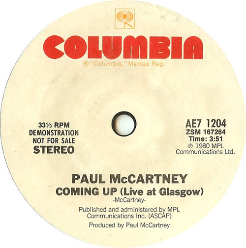 Paul McCartney - Coming Up (Live At Glasgow) (7", S/Sided, Promo, Styrene, Pit)
