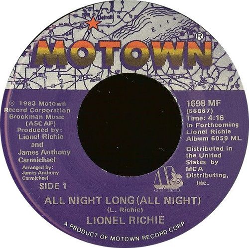 Lionel Richie - All Night Long (All Night) / Wandering Stranger - Motown - 1698 MF - 7", Single 1091212391