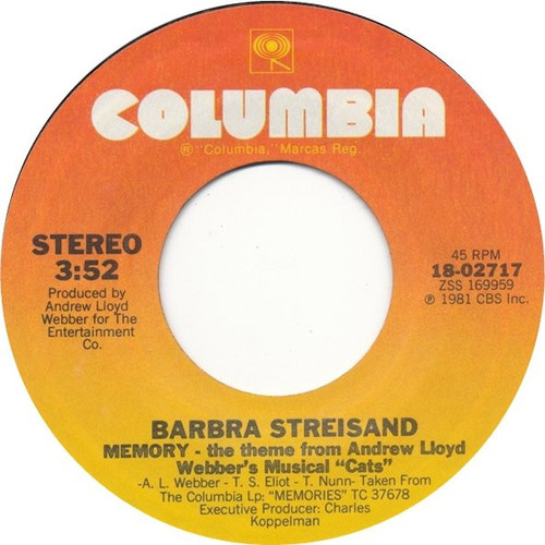 Barbra Streisand - Memory - Columbia - 18-02717 - 7", Single, Styrene, Pit 1091698374