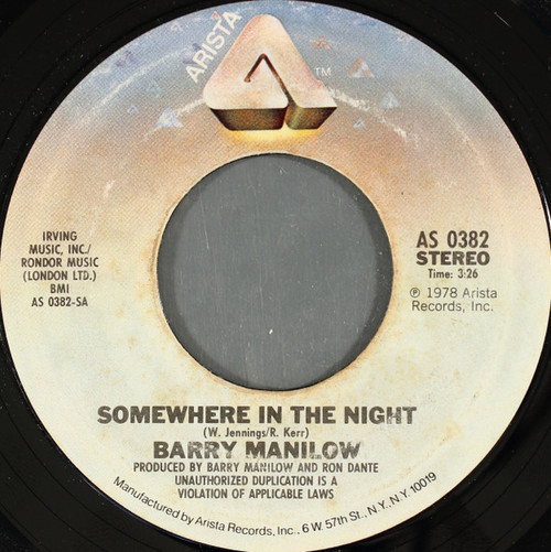 Barry Manilow - Somewhere In The Night (7", Single, Styrene, Pit)