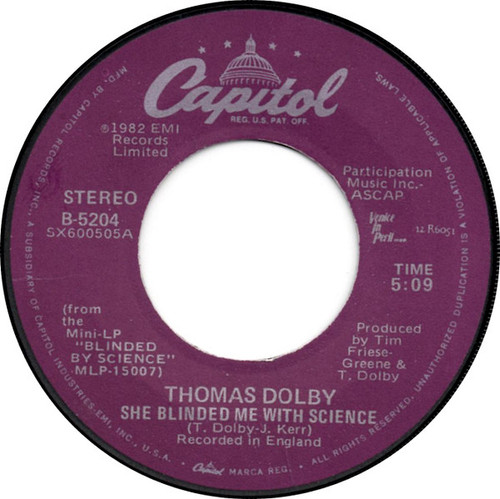 Thomas Dolby - She Blinded Me With Science / Flying North - Capitol Records, Venice In Peril Records - B-5204, 12 R6051 - 7", Win 1106177871