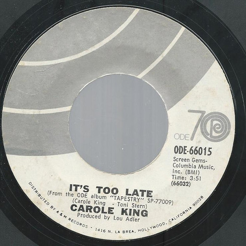 Carole King - It's Too Late   - Ode Records (2) - ODE-66015 - 7", Single 1106218198