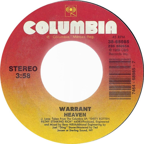 Warrant - Heaven - Columbia - 38-68985 - 7", Single, Styrene, Car 1114159861