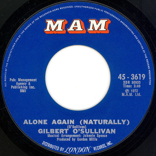 Gilbert O'Sullivan - Alone Again (Naturally) (7", Single, Styrene, Pit)