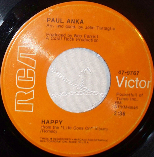 Paul Anka - Happy / Can't Get You Out Of My Mind (7")