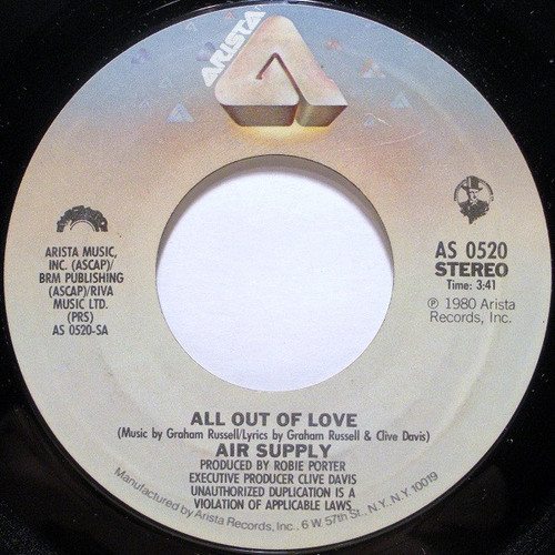 Air Supply - All Out Of Love - Arista - AS 0520 - 7", Single 1120268254
