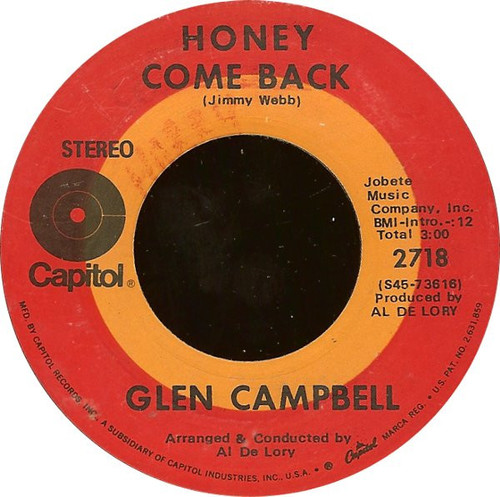 Glen Campbell - Honey Come Back / Where Do You Go - Capitol Records - 2718 - 7", Single, Scr 1120286640