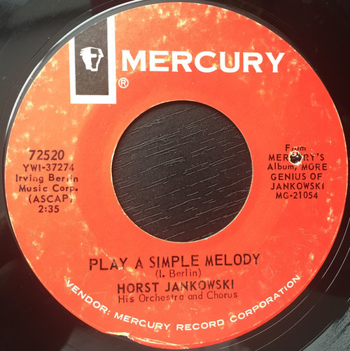 The Horst Jankowski Orchestra - Play A Simple Melody - Mercury - 72520 - 7", Single, RE, Red 1133126209