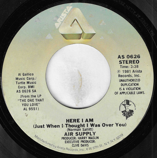 Air Supply - Here I Am (Just When I Thought I Was Over You) - Arista - AS 0626 - 7", Ter 1133268770