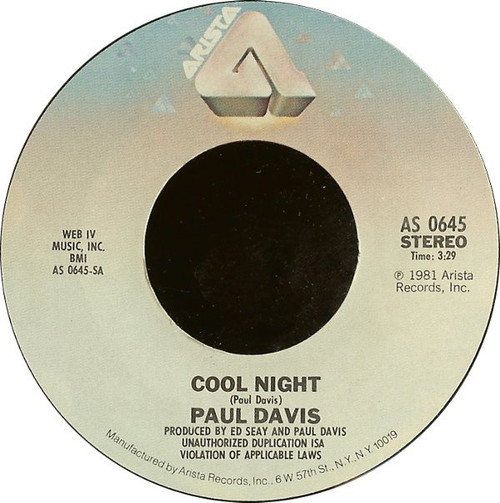 Paul Davis (3) - Cool Night / One More Time For The Lonely (7")