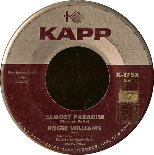 Roger Williams (2) - Almost Paradise - Kapp Records - K-175X - 7" 1161372242