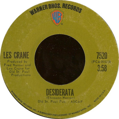 Les Crane - Desiderata / A Different Drummer - Warner Bros. Records - 7520 - 7", Styrene, Pit 1174082128
