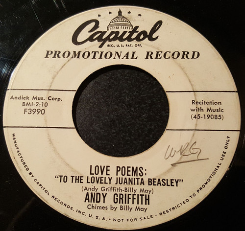 Andy Griffith - Love Poems: "To The Lovely Juanita Beasley" (7", Promo)