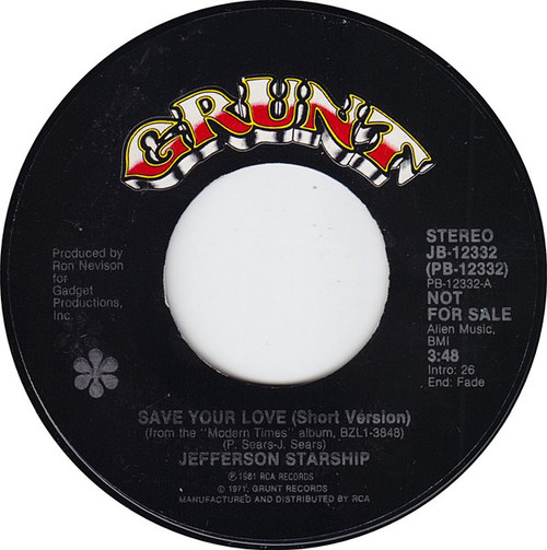 Jefferson Starship - Save Your Love (7", Single, Promo, Styrene)