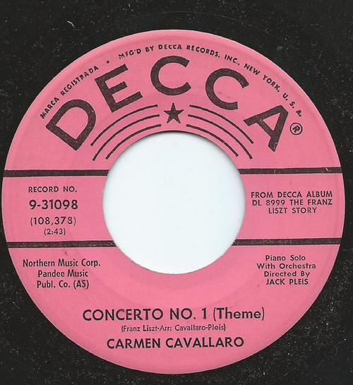 Carmen Cavallaro - Concerto No. 1 (Theme) / Les Preludes (Theme) (7", Promo)