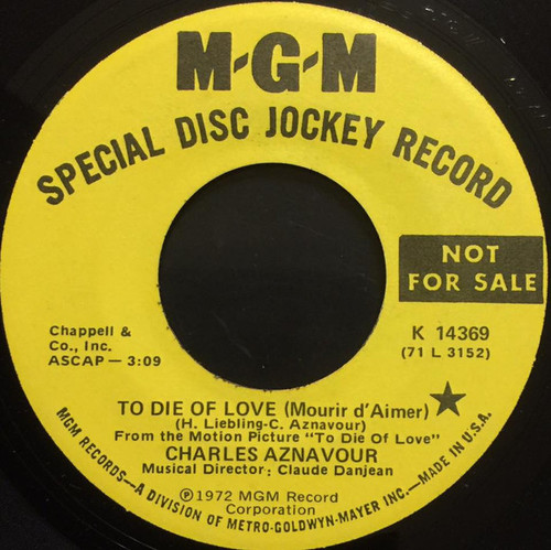 Charles Aznavour - To Die Of Love (Mourir D'Aimer) (7", Single, Promo)
