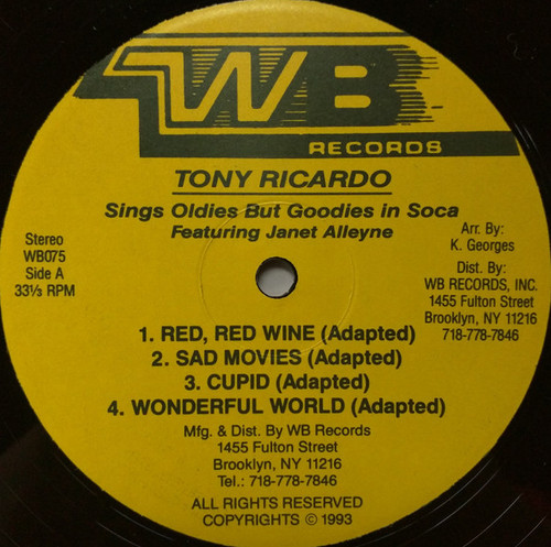 Tony Ricardo - Tony Ricardo Sings Oldies But Goodies In Soca - WB Records (2) - WB075 - 12" 1355484085