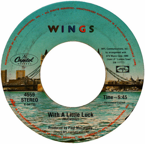Wings (2) - With A Little Luck (7", Single, Jac)