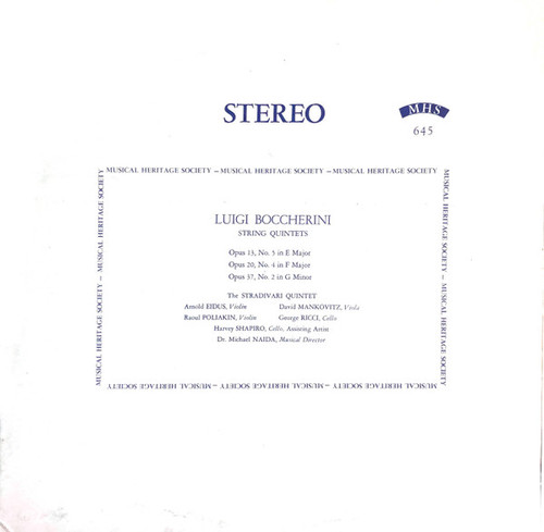 Luigi Boccherini / The Stradivari Quintet Assisting Artist Harvey Shapiro - String Quintets - Musical Heritage Society, Musical Heritage Society - MHS 645, MHS 645S - LP 1769246797