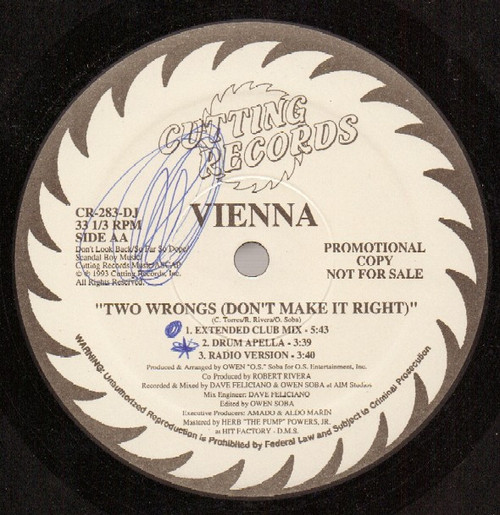 Coro / Vienna (2) - Stand By Your Lover / Two Wrongs (Don't Make It Right) (12", Promo)