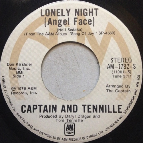 Captain And Tennille - Lonely Night (Angel Face) (7", Single)