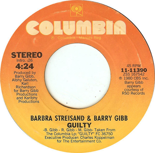 Barbra Streisand & Barry Gibb - Guilty (7", Single, Styrene, Pit)