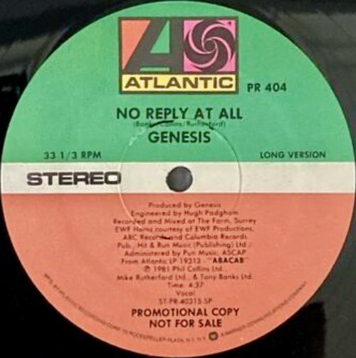 Genesis - No Reply At All - Atlantic - PR 404 - 12", Promo 2215232011